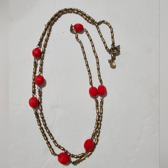 J. Crew Red and Gold Long‎ Necklace - Picture 1 of 6
